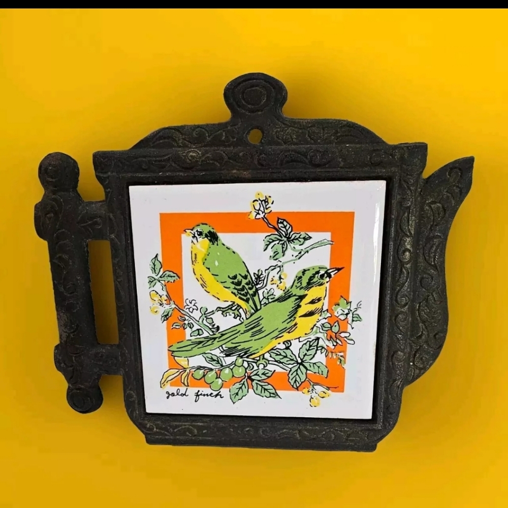 Vintage Cathay Tile Goldfinch Cast Iron Trivet Green Gold Orange 1970's
